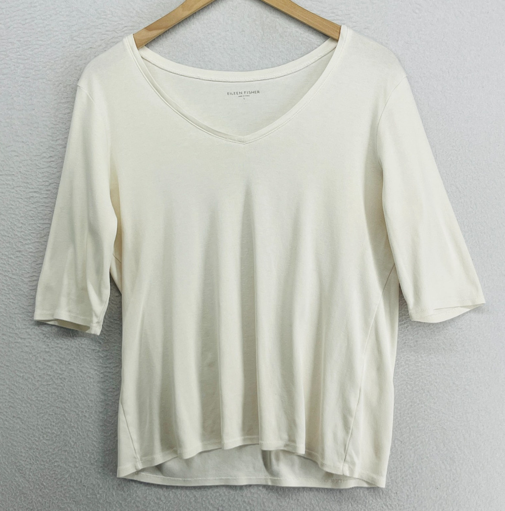 EILEEN FISHER Top L Organic Cotton Ribbed Jersey V-Neck Elbow Sleeve Off White